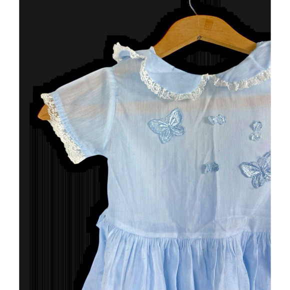 1950s Dress Little Girl Blue Peter Pan Collar Butterfly Applique 4 / 5 Vintage - Picture 2 of 11